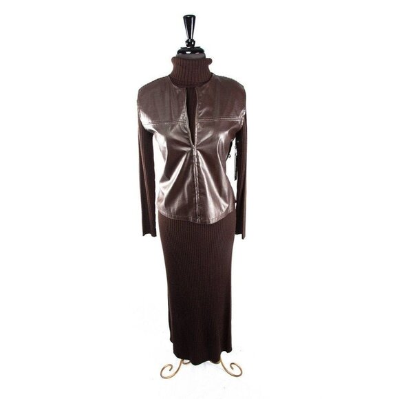 Vtg 2 Piece Paraphrase Maxi Brown Turtle Neck Dress With Faux Leather Vest M - Picture 1 of 10